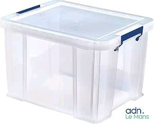 boîte de rangement transparente avec des poignées bleues et un couvercle