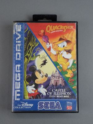 a close up of a video game case with a mickey mouse and goofy