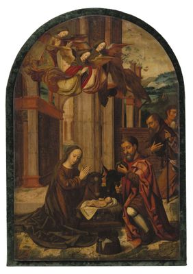 une image représentant un tableau où l'on voit un groupe de personnes assises autour d'une crèche