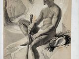 drawing of a man sitting on a bench with a baseball bat