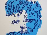 a painting of a woman with blue hair and blue eyes