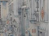a drawing of a busy city street with people and umbrellas