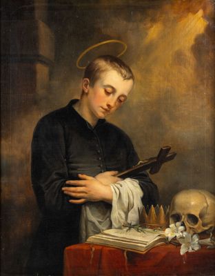 a painting of a man holding a book and a skull