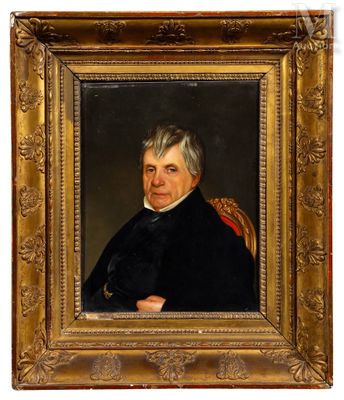 a painting of a man in a black coat with a gold frame