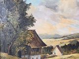 an oil painting of a farm scene with a path leading to a thatched roofed house
