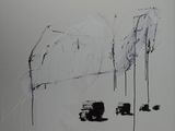 un dessin en noir et blanc représentant un camion et quelques arbres