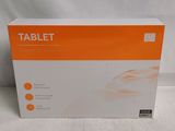 an orange and white box of a tablet on a white surface
