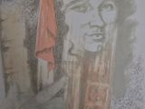 painting of a man with a red flag and a building in the background