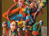 painting of a group of clowns sitting in a chair in a room