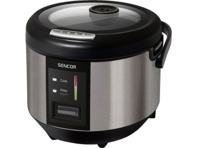 a close up of a silver and black rice cooker on a white background
