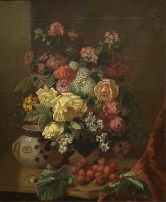 peinture d'un vase de fleurs et de fruits sur une table