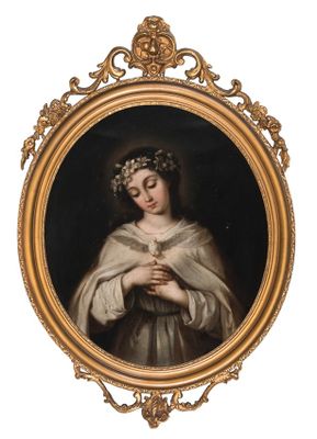 portrait of a woman in a white dress with a wreath of flowers in her hair