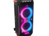 a black speaker with colorful lights on top of it