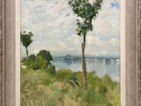 an oil painting of a view of a river with a tree in the foreground