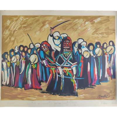 un tableau représentant un groupe de personnes debout devant une foule