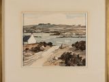 an image of a watercolor painting of a landscape with a boat