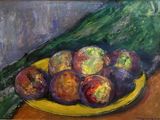 a painting of apples on a yellow plate on a table