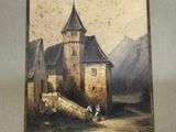 tableau représentant un château avec, devant, un homme à cheval