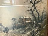 a picture of a painting of a horse and carriage on a snowy road