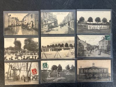 several old black and white photographs of people in a town