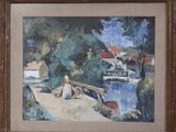 une photo d'un tableau représentant une femme marchant sur un pont