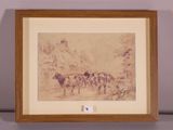 framed drawing of a man leading a herd of cattle in a mountainous landscape