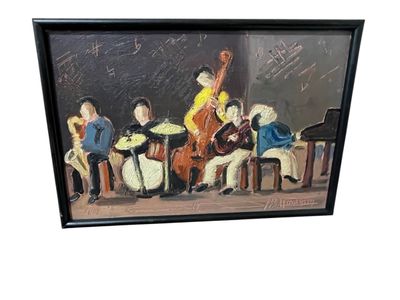 tableau représentant un groupe de personnes jouant de la musique sur une scène