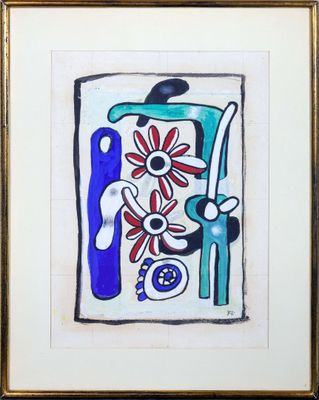 tableau représentant un vase contenant des fleurs et un vase bleu contenant des fleurs