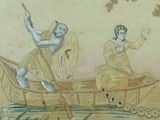 a painting on the wall of a boat with people in it