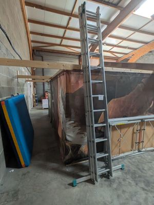 a picture of a horse in a barn with a ladder
