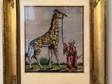 tableau représentant une girafe et une femme en robe rose