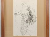 drawing of a woman holding a bouquet of flowers in a wooden frame