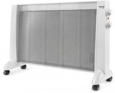 un radiateur électrique blanc sur roulettes, sur fond blanc