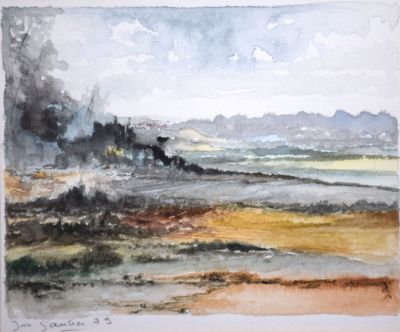 une aquarelle représentant un paysage avec un train sur les rails