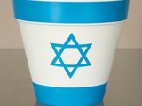 un pot de fleurs bleu et blanc orné d'une étoile de David