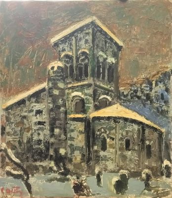 une peinture à l'huile représentant une église devant laquelle se trouvent un cheval et une calèche
