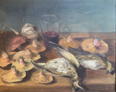 a painting of a dead bird on a table next to a glass of wine