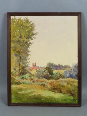 a painting of a field with trees and a house in the distance