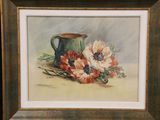 painting of a vase and flowers on a table with a black background