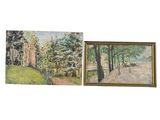 two paintings of trees and a bench in a park