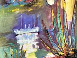 a painting of a desert scene with a full moon in the sky