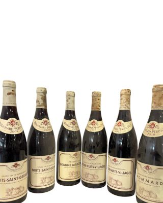 six bouteilles de vin sont alignées sur une surface blanche