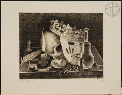 drawing of a still life with a skull and a crown on a table