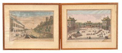 pair of 19th century watercolor paintings of a palace and courtyard
