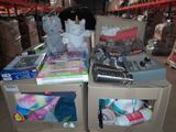 two boxes with stuffed animals on them in a warehouse