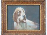 an oil painting of a brown and white dog on a blue background