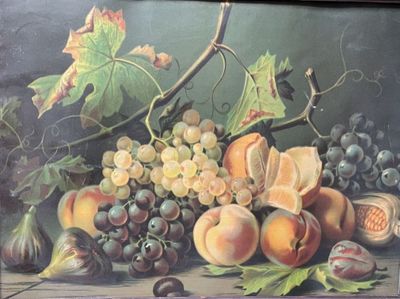 un tableau représentant un panier de fruits posé sur une table