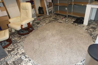 an image of a living room with a rug and chairs