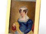 tableau représentant une femme en robe bleue tenant une pomme