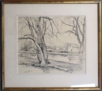 dessin représentant un paysage avec des arbres et une grange en arrière-plan